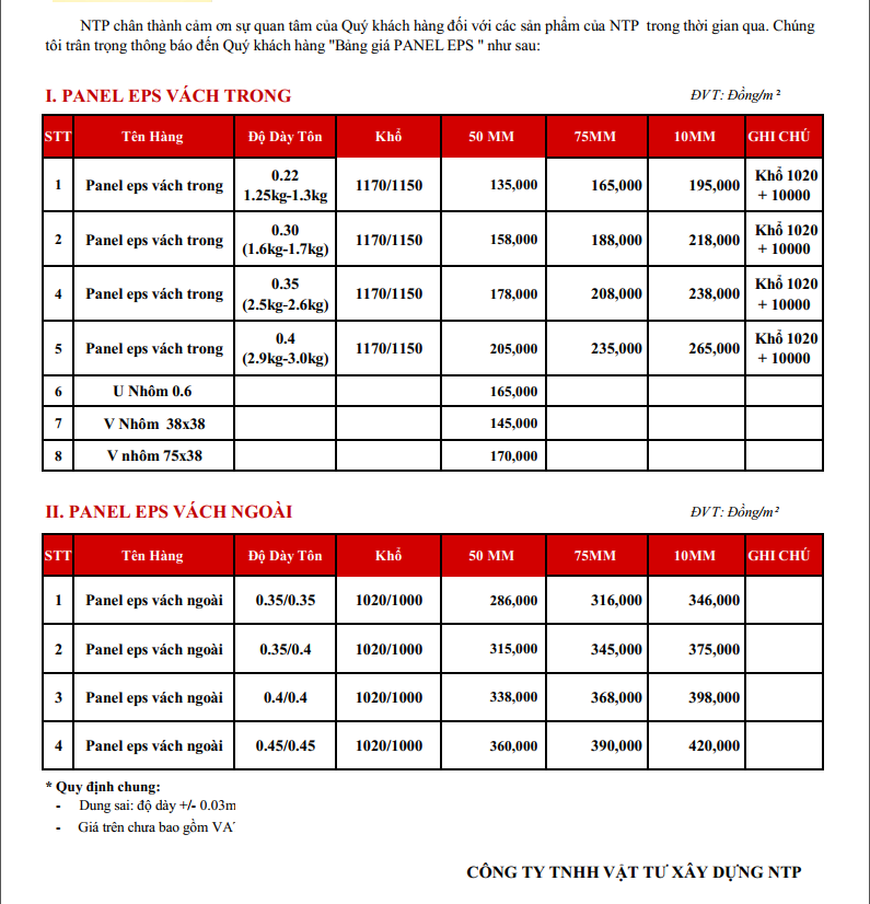 Bảng giá tấm Panel EPS