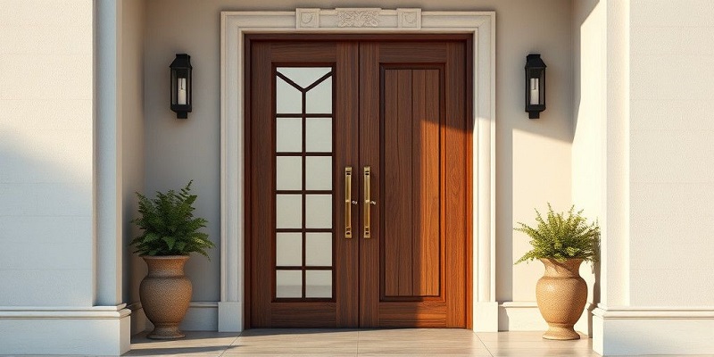 Mẫu cửa gỗ chống trộm 2 cánh có ô kính