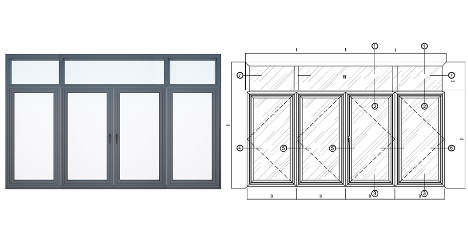 Bản vẽ kích thước cửa sổ 4 cánh 