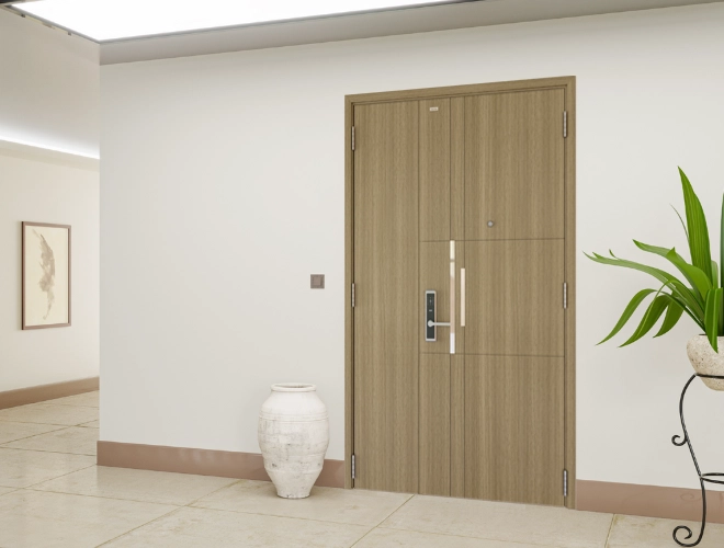 Mẫu cửa thép vân gỗ với hệ thống khóa cao cấp