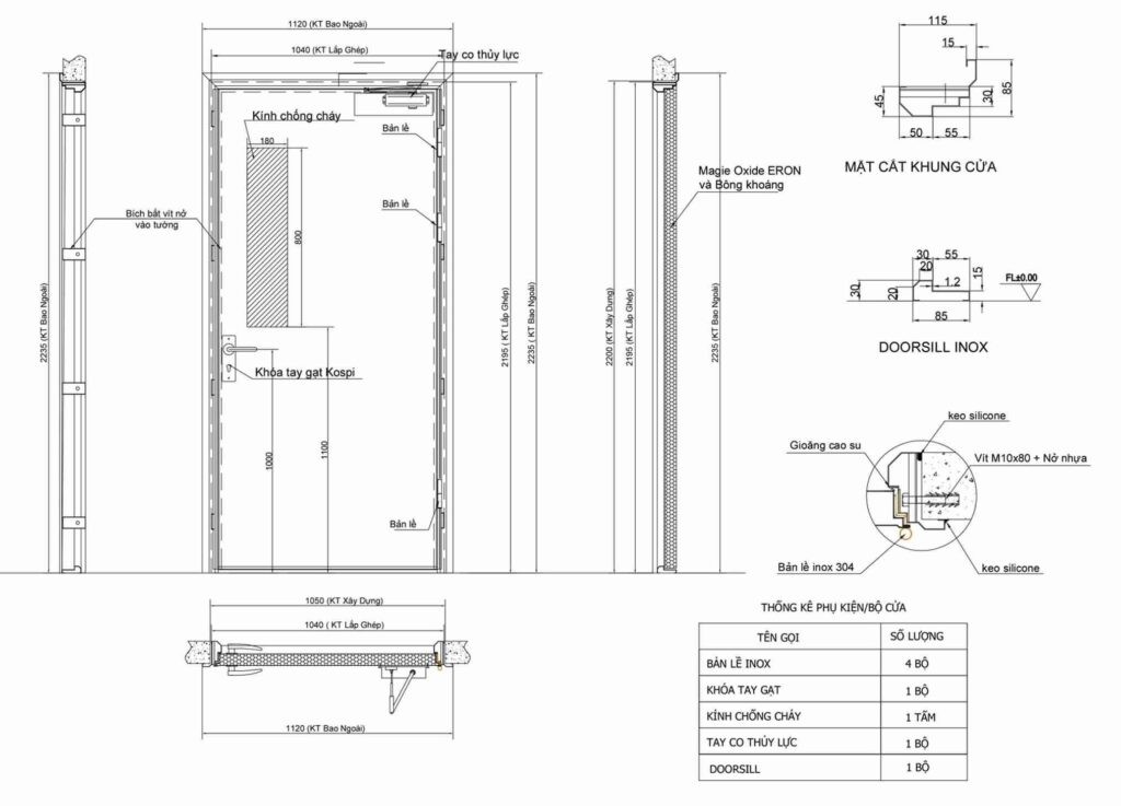 Bản vẽ cửa thép chống cháy 1 cánh