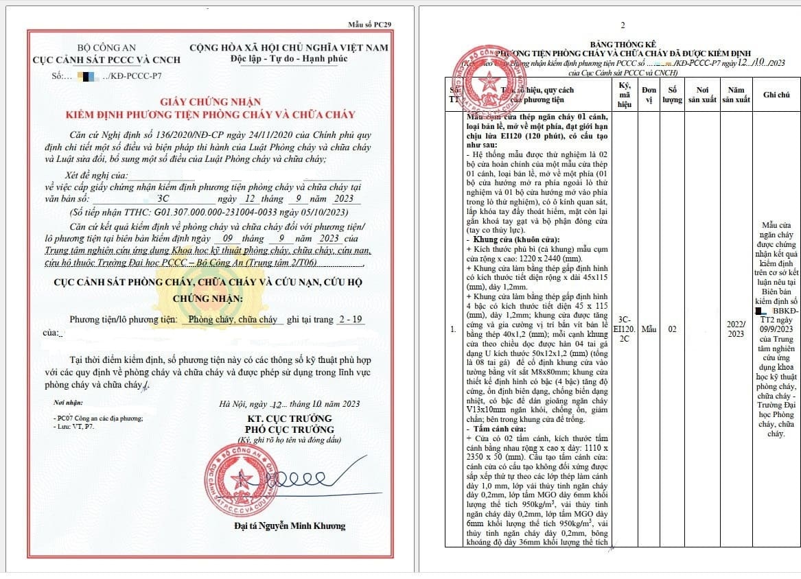 Giấy chứng nhận cửa chống cháy - Hàng Công Trình