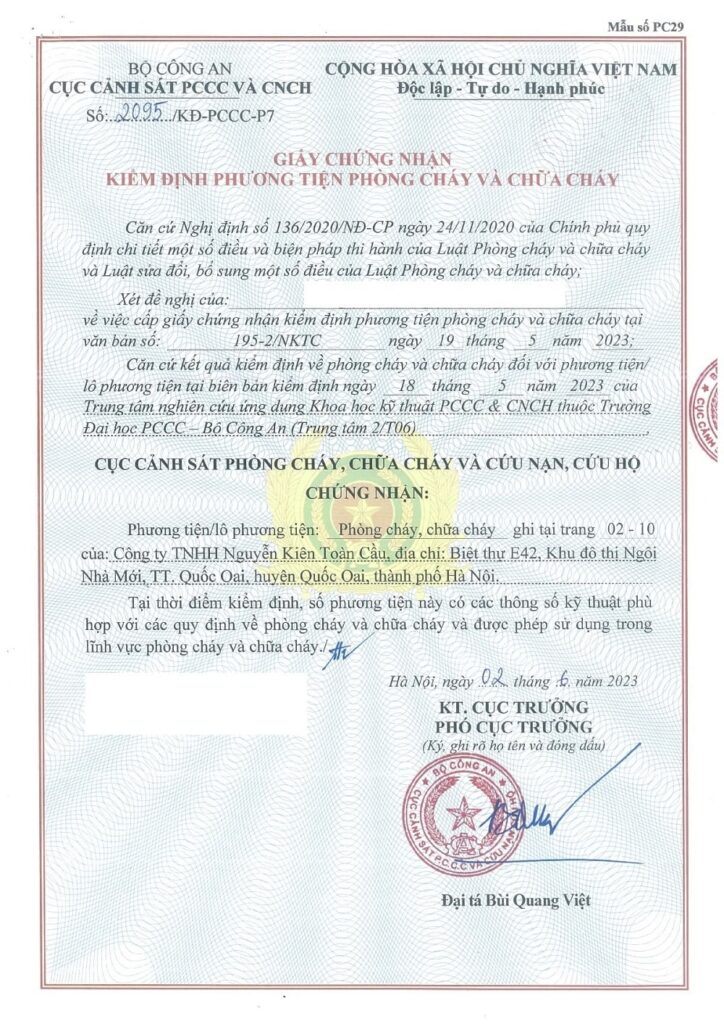 Chứng nhận kiểm định số 2095 của cục phòng cháy chữa cháy