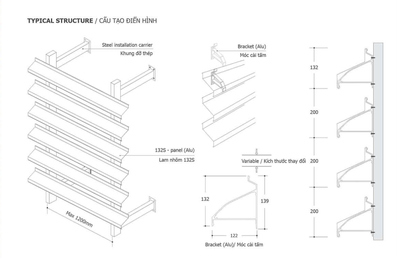 Bản vẽ kỹ thuật của lam gió nhôm 132S ( Chớp nhôm chữ Z/S)