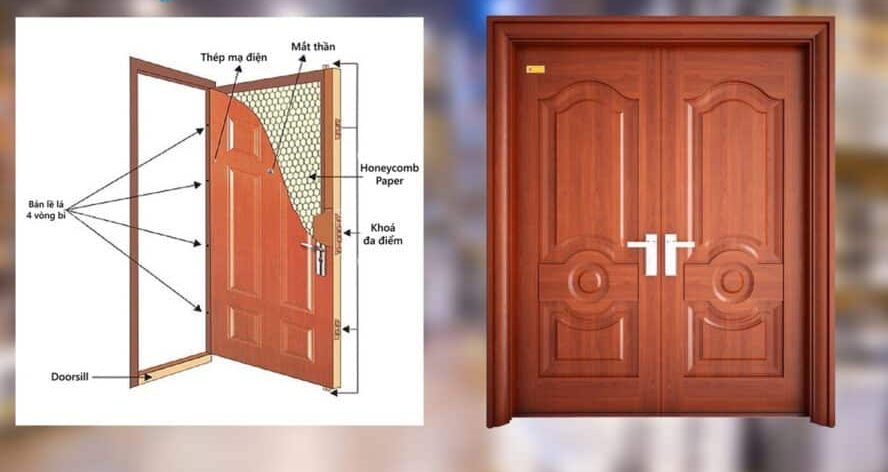 Cấu tạo cửa thép vân gỗ NS2H6 2 cánh cân