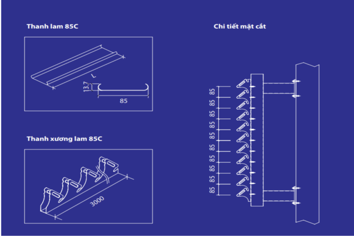 Bản vẽ kỹ thuật mặt cắt lam chắn nắng hình chữ C