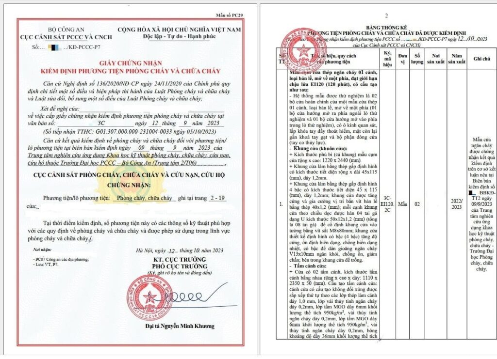 Giấy chứng nhận cửa chống cháy - Cửa NTP