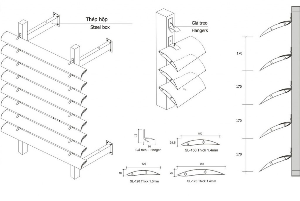 Bản vẽ cấu tạo lam chắn nắng hình lá liễu